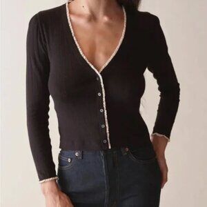 Doen Presley Cardigan White Black Pointelle XS